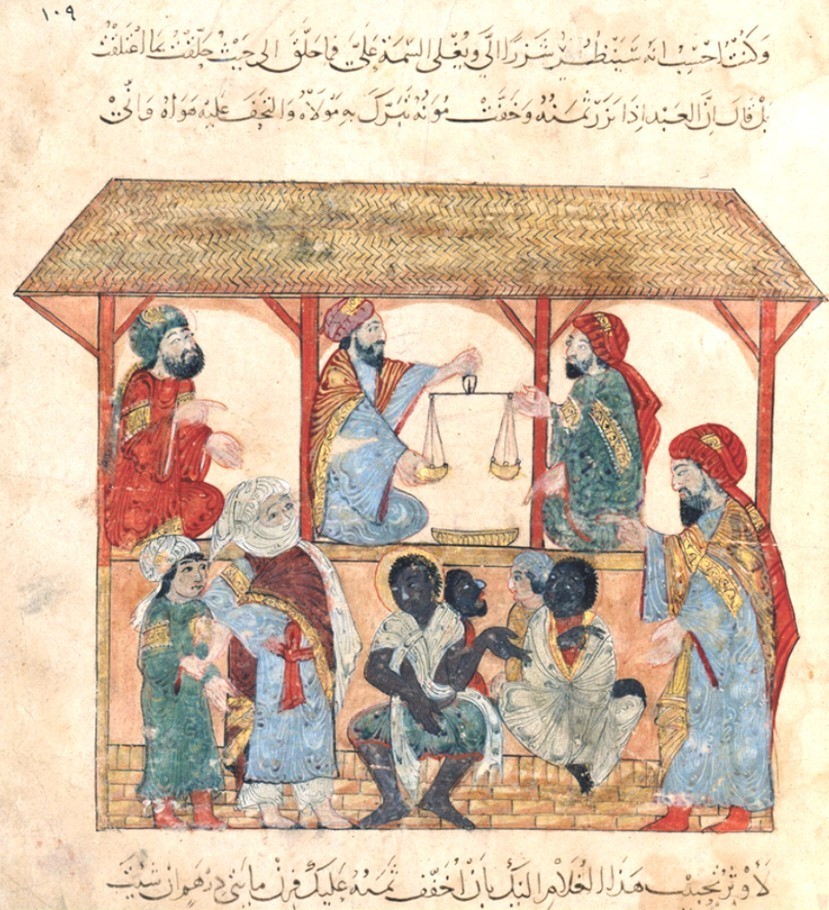 Ilustrasi buku abad ke-13 yang dibuat di Baghdad oleh al-Wasiti menunjukkan pasar budak di kota Zabid di Yaman