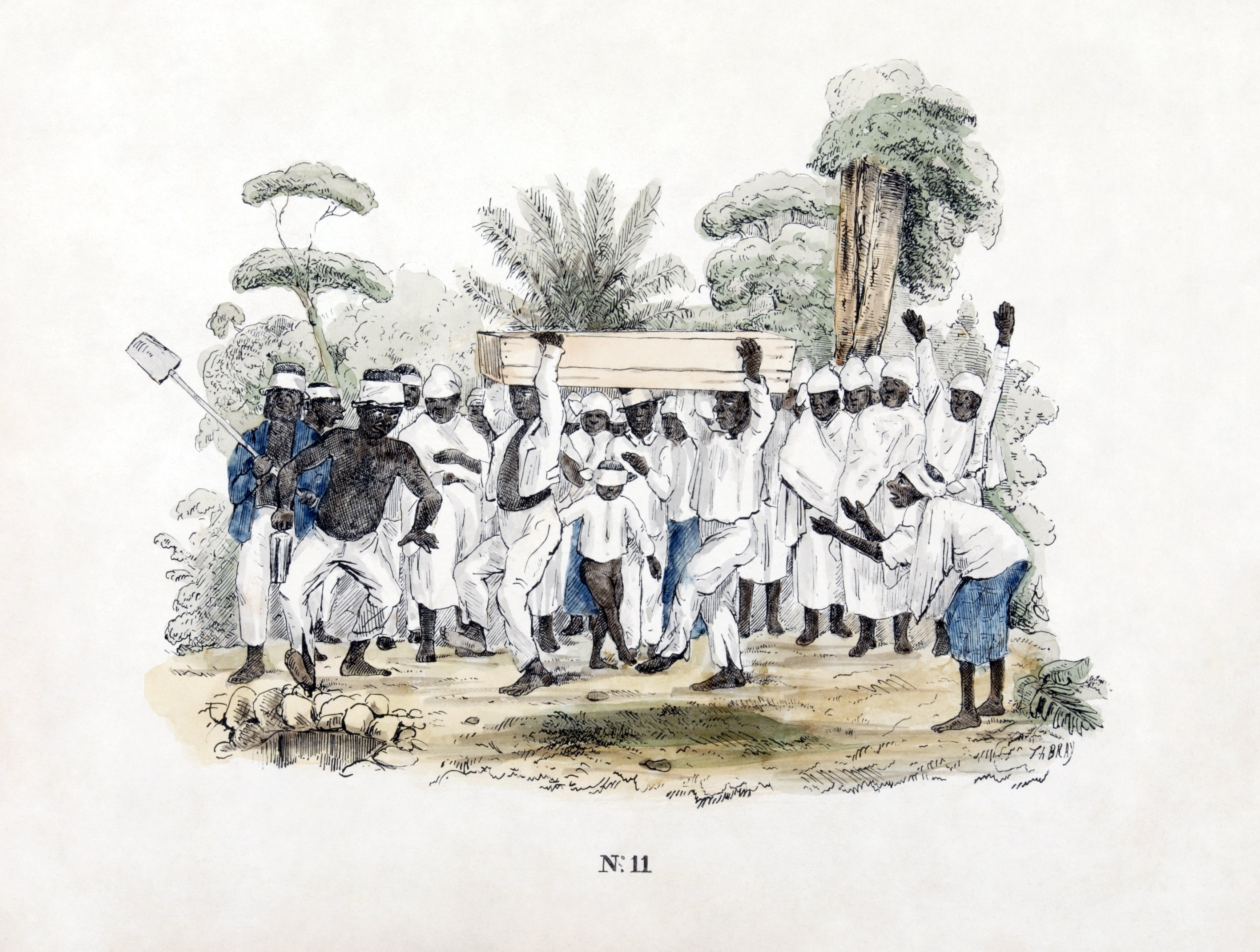 A funeral ceremony on a slave plantation in Suriname, circa 1840-1850, depicting the cultural practices retained by enslaved Africans under oppressive conditions.