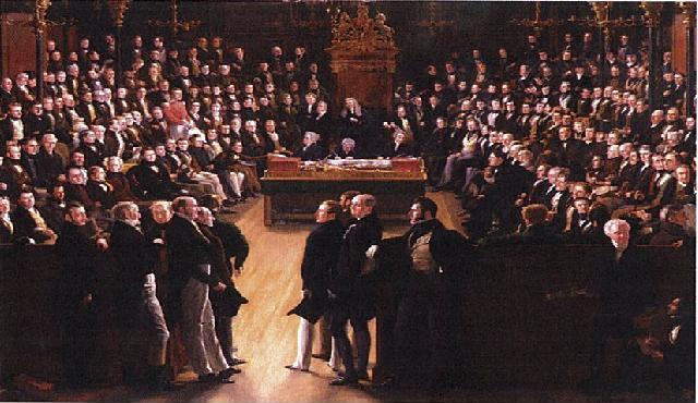 Pertarungan di Parlemen Inggris, melambangkan oposisi antara Earl Grey (kiri) dan Duke of Wellington (kanan) selama debat reformasi pemilu pada tahun 1830-an.