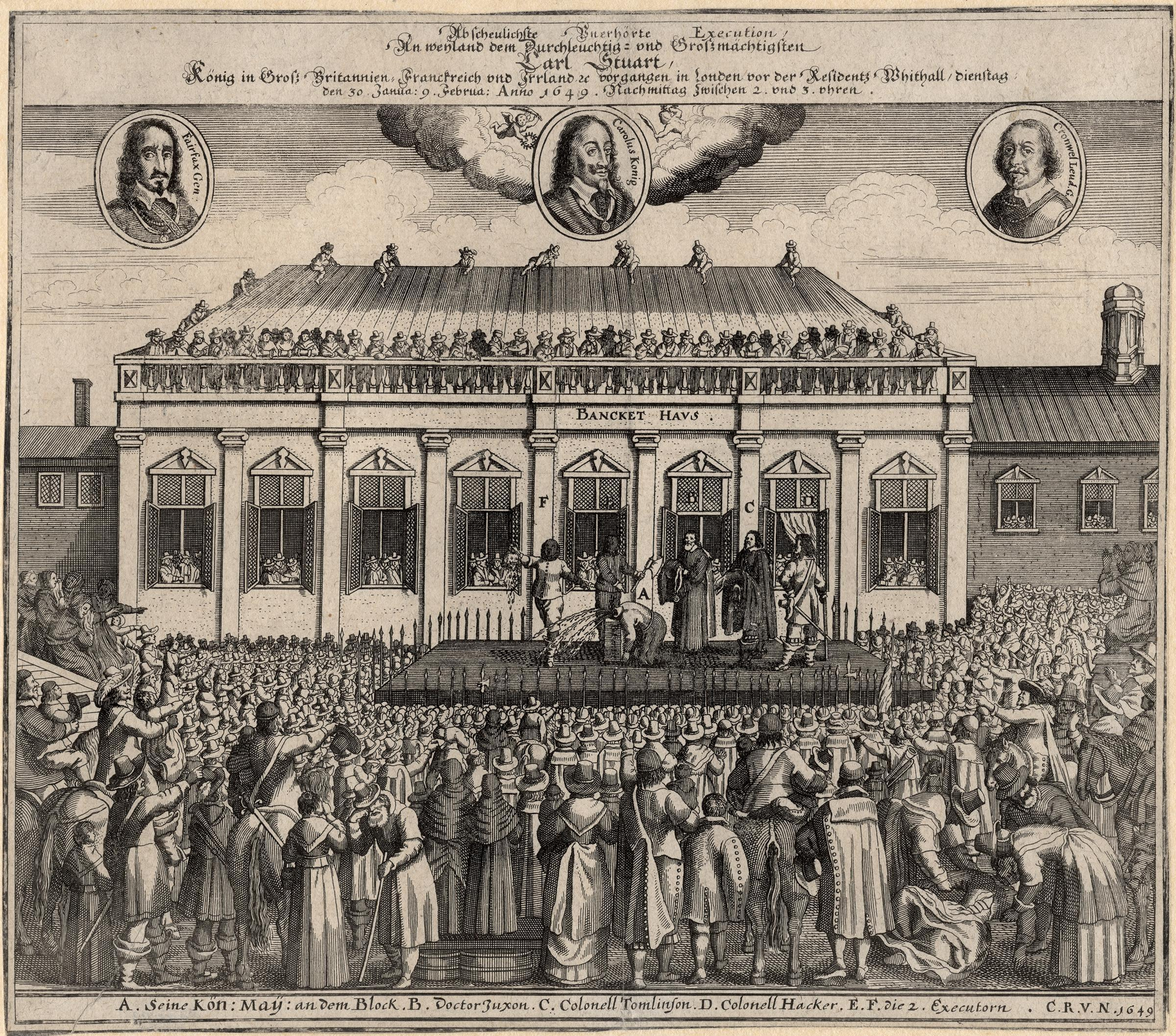 Tranh khắc đương đại của Đức về cảnh Charles I bị chặt đầu bên ngoài Banqueting House, Whitehall