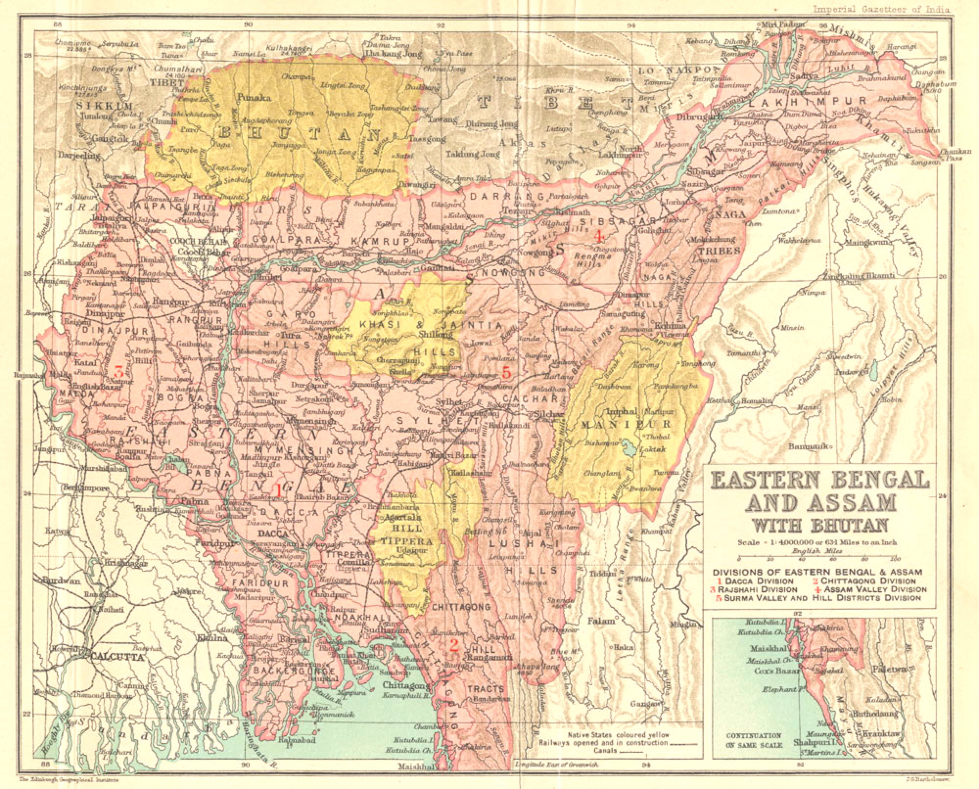 Bản đồ Đông Bengal và Assam năm 1907, một tiền lệ cho sự hình thành Bangladesh.
