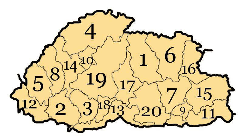 Các dzongkhag (tỉnh) của Bhutan.