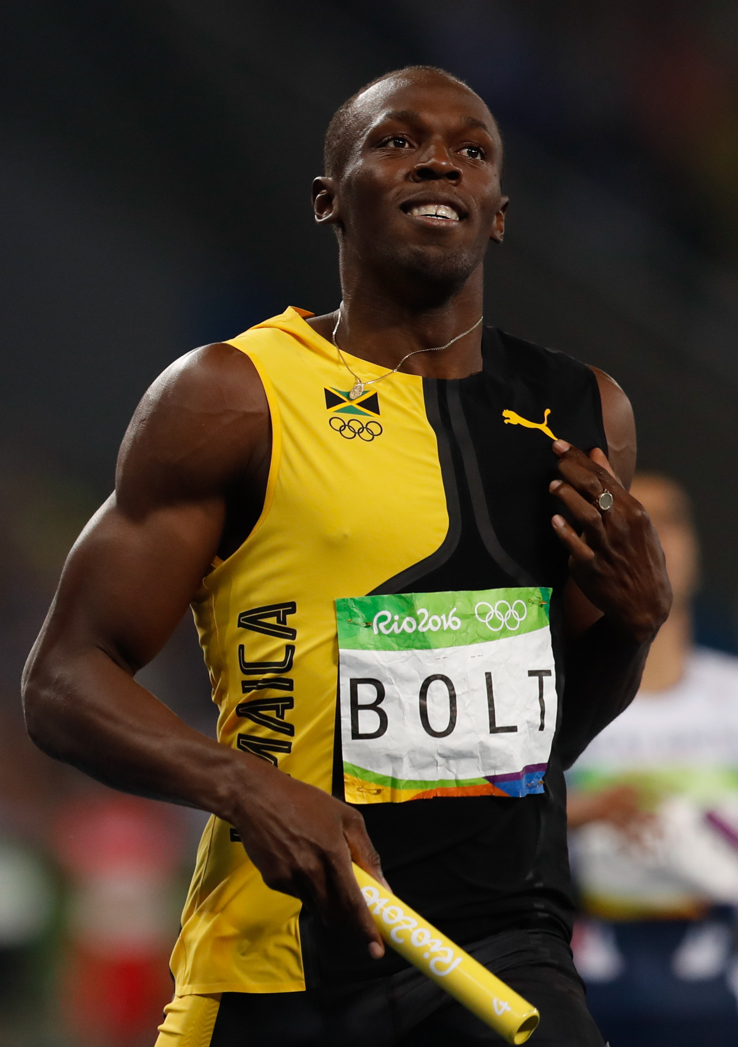 2016년 리우 올림픽에서 4x100m 계주 후의 우사인 볼트