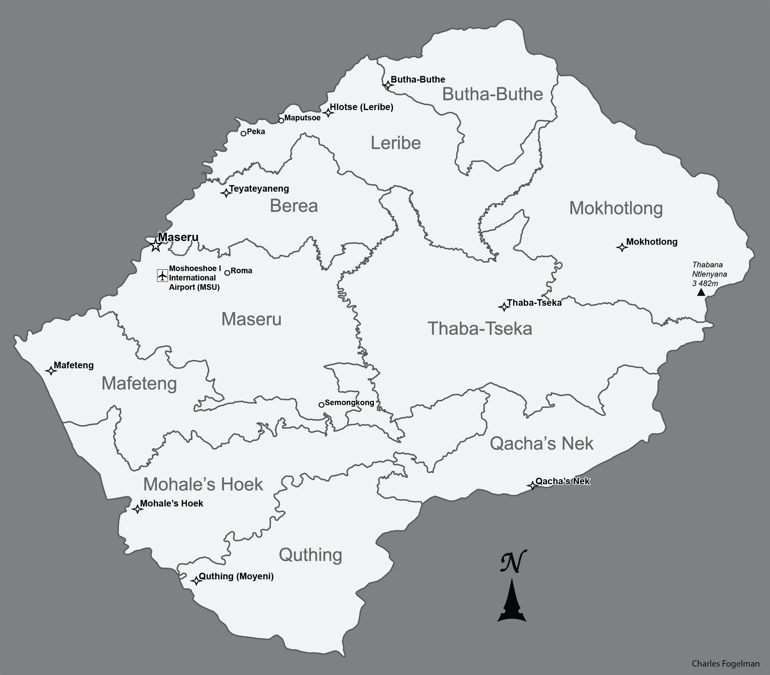 แผนที่แสดงเขตและเมืองต่างๆ ของเลโซโท