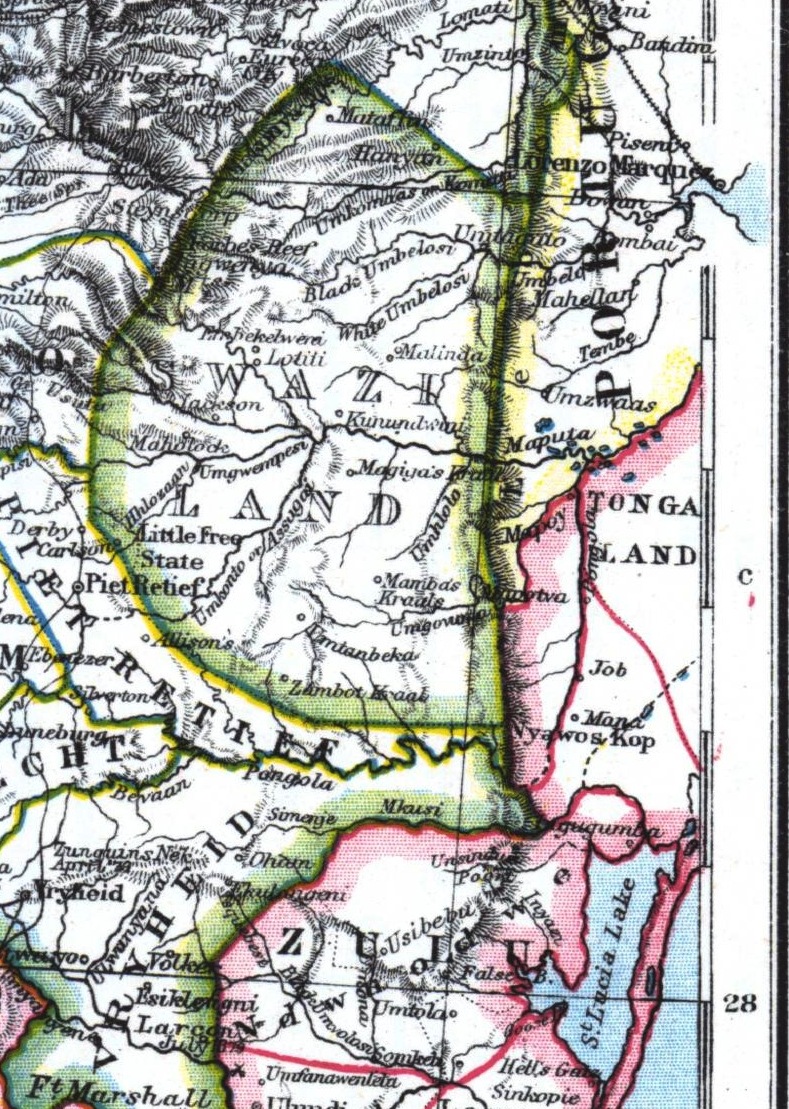 Swaziland, chi tiết từ bản đồ của Johnston & Johnston (Edinburgh, 1897). Các sông Black và White Umbelosi cùng các khu định cư như Malinda, Kunudwini và Lotiti được thể hiện.