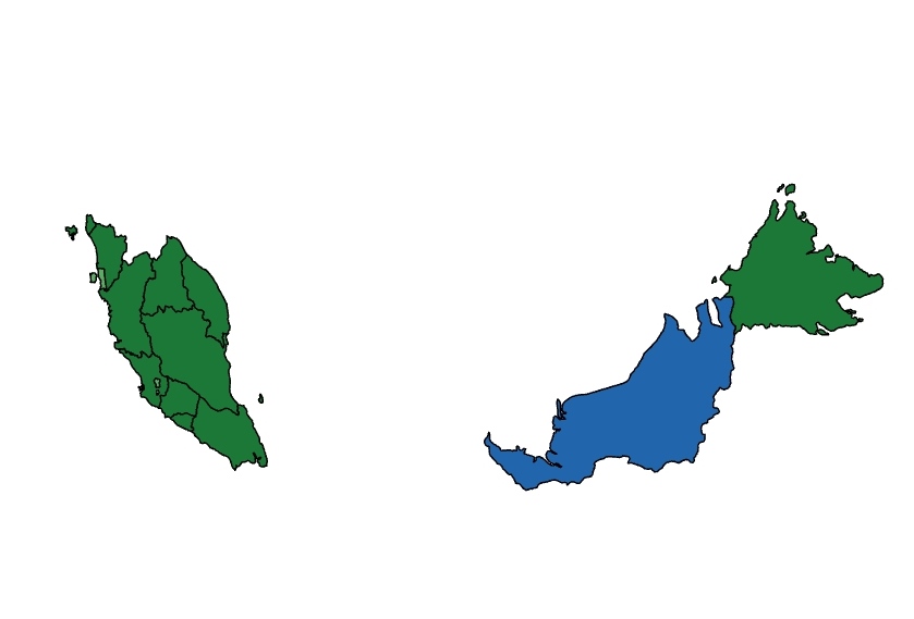 Các tôn giáo chiếm ưu thế ở Malaysia theo điều tra dân số năm 2020:Màu xanh lá cây đậm: Đa số người Hồi giáo > 50%Màu xanh lá cây nhạt: Đa số người Hồi giáo Màu xanh lam: Đa số người Cơ đốc giáo > 50%