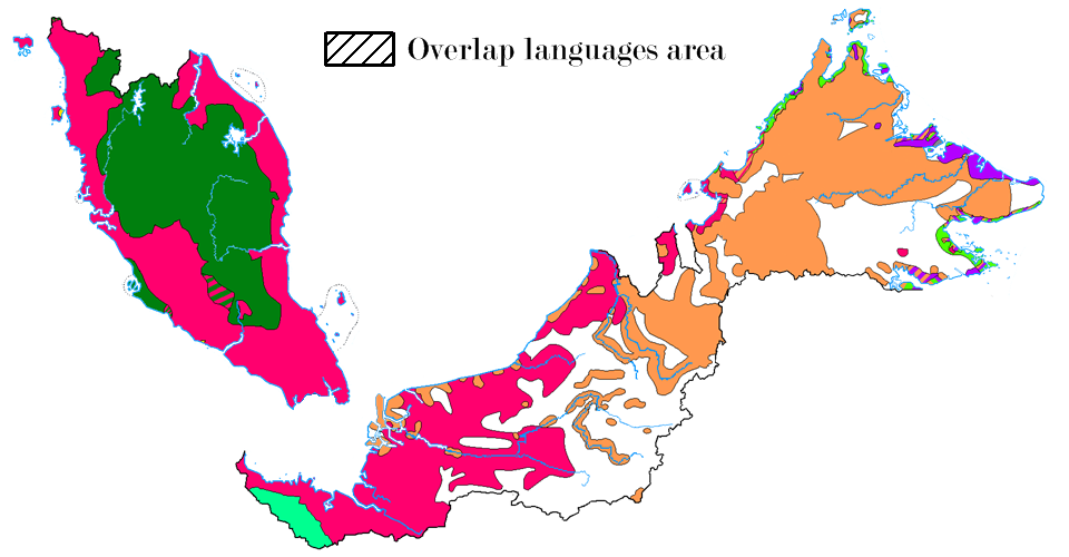 Sự phân bố các ngữ hệ của Malaysia được thể hiện bằng màu sắc: Malayic (hồng #FF006E), Borneo (cam #FF984F), Aslian (xanh lá cây đậm #007F0E), Land Dayak (xanh lá cây nhạt #00FF90), Sama-Bajaw (xanh lá mạ #4CFF00), Philippine (tím #B200FF), Tiếng Trung (vàng #FFD800), Khu vực đa ngôn ngữ (xám #A0A0A0).