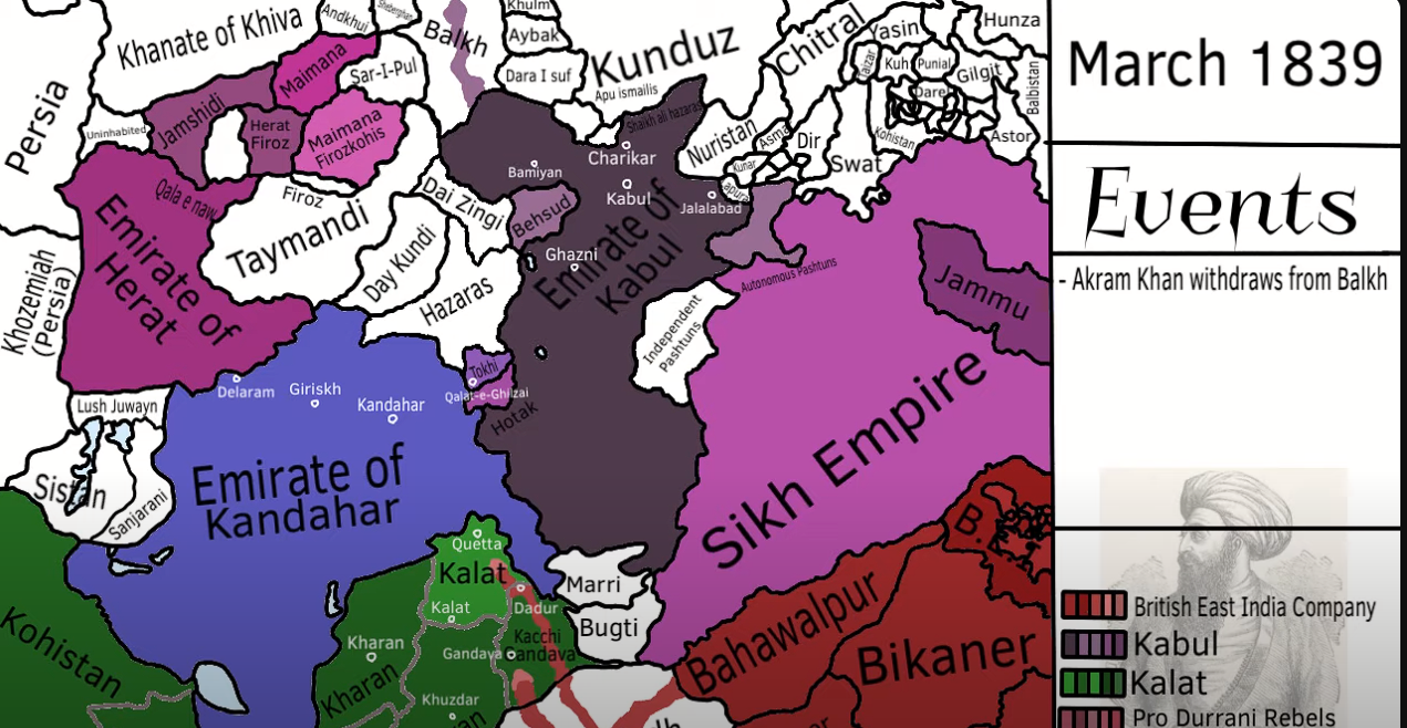 Bản đồ Afghanistan (Tiểu vương quốc) và các quốc gia xung quanh vào năm 1839, trong Chiến tranh Anh-Afghanistan lần thứ nhất. Lãnh địa của Dost Mohammad Khan có thể được coi là Tiểu vương quốc Kabul, cùng với Thân vương quốc Qandahar và Tiểu vương quốc Herat.