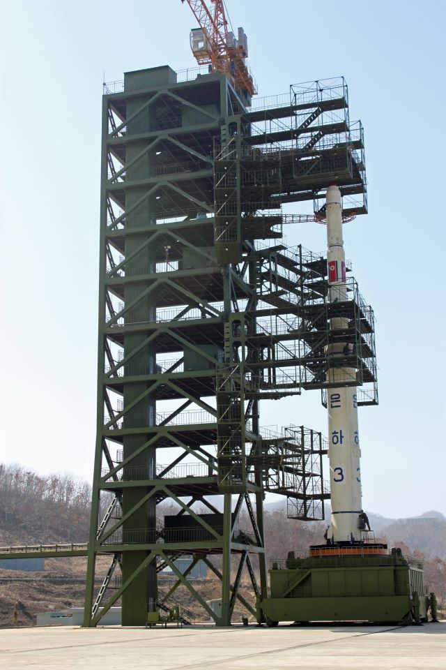 An Unha-3 space launch vehicle at the Sohae Satellite Launching Station. International bodies view such launches as disguised ballistic missile tests.