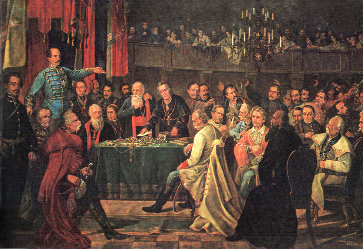 Ban Josip Jelačić pada pembukaan Parlemen Kroasia (Sabor) modern pertama, 5 Juni 1848. Bendera triwarna Kroasia terlihat di latar belakang.