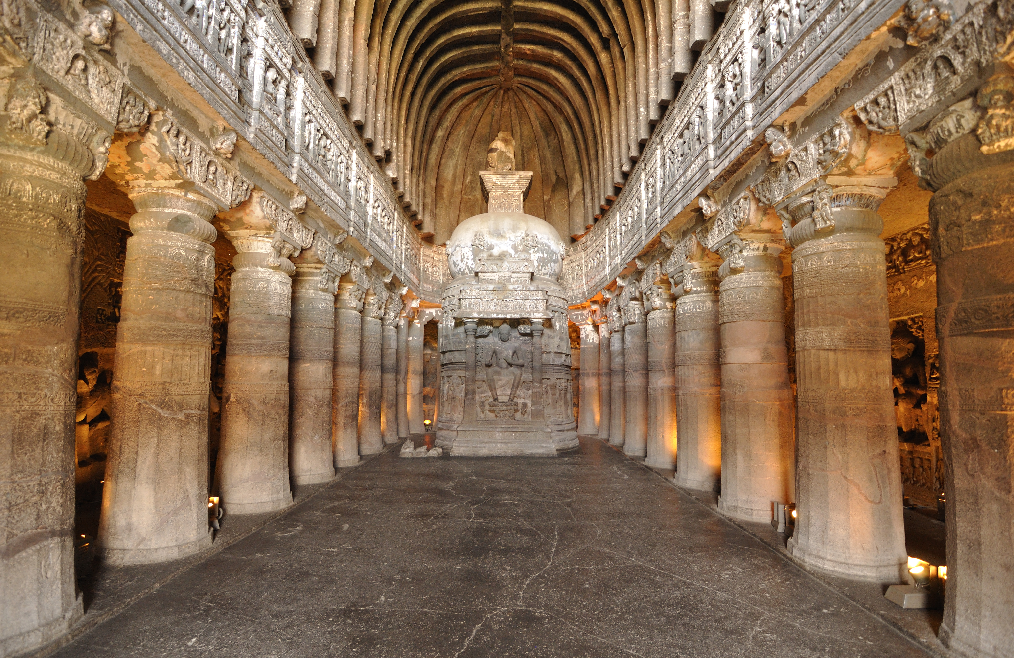 Cave 26 of the rock-cut Ajanta Caves, an example of ancient Indian art and architecture from the 2nd century BCE to about 480 or 650 CE.