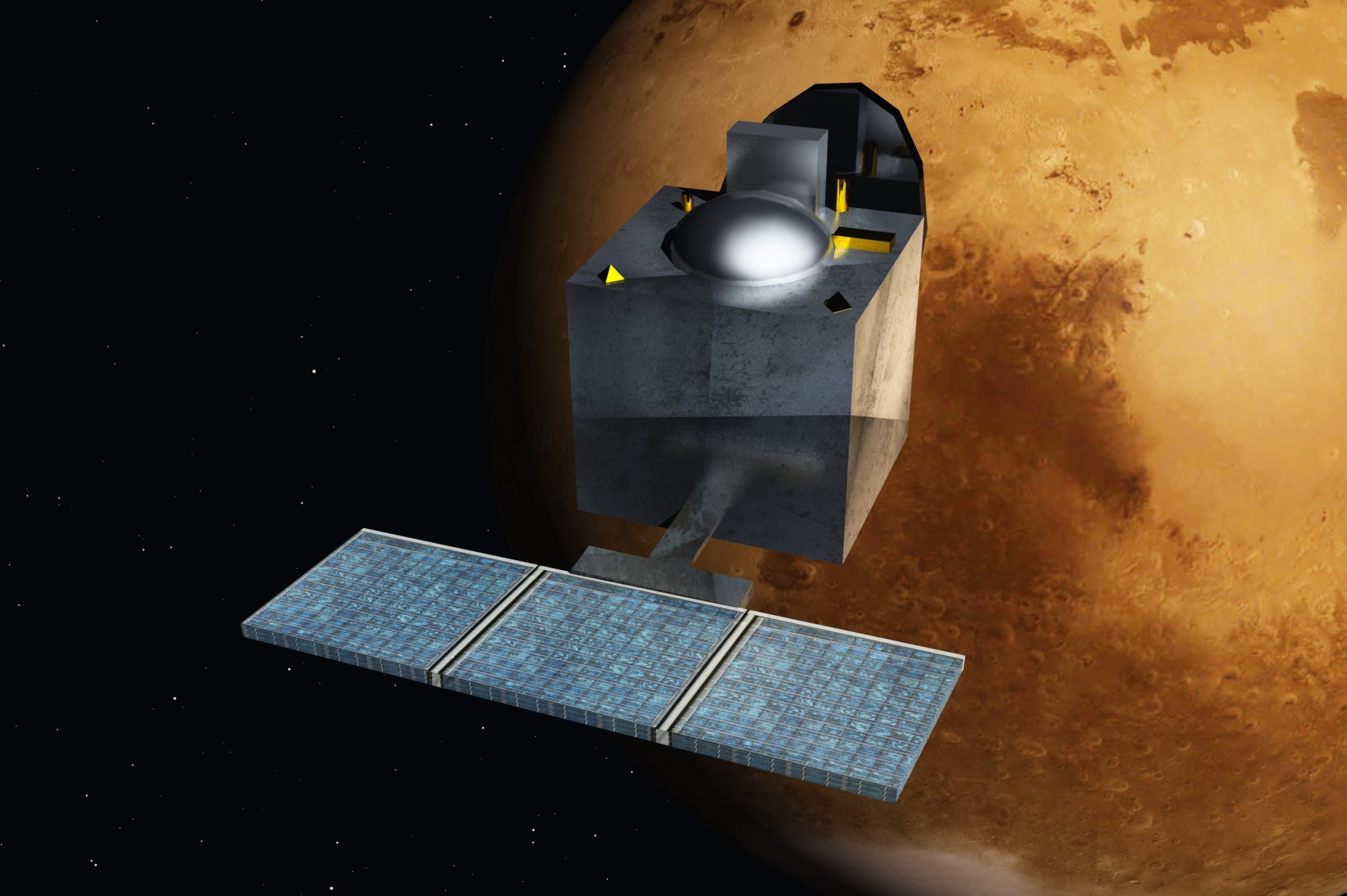 Artist's concept of the Mars Orbiter Mission (Mangalyaan), India's first interplanetary mission, showcasing the nation's advancements in space technology and its ambition in scientific exploration.