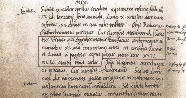 Lithuania's name in writing (Litua, on line 7 from the bottom of the left page), 1009, in the Quedlinburg Chronicle.