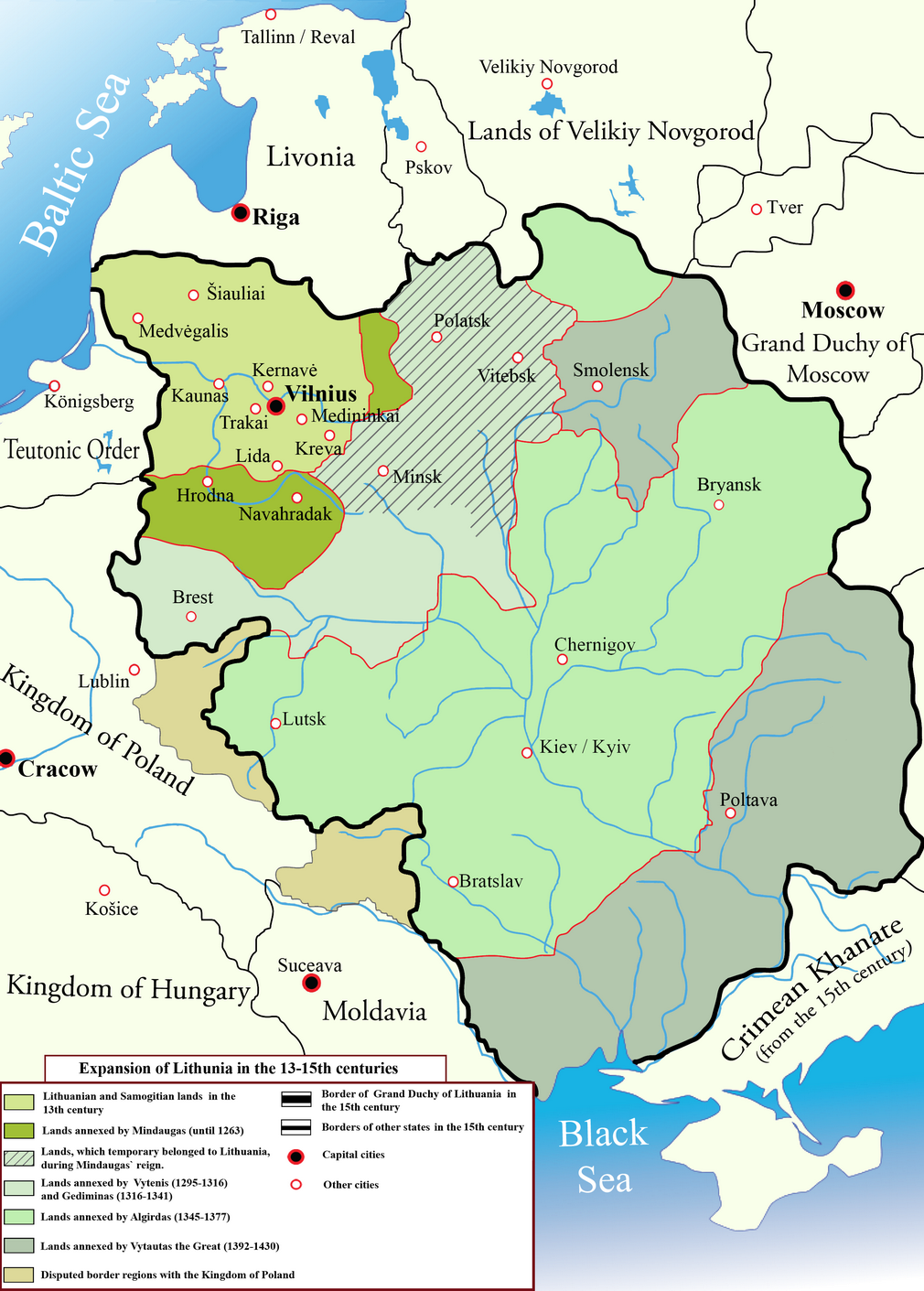 Changes in the territory of Lithuania from the 13th to 15th century. At its peak, the Grand Duchy of Lithuania was the largest state in Europe.