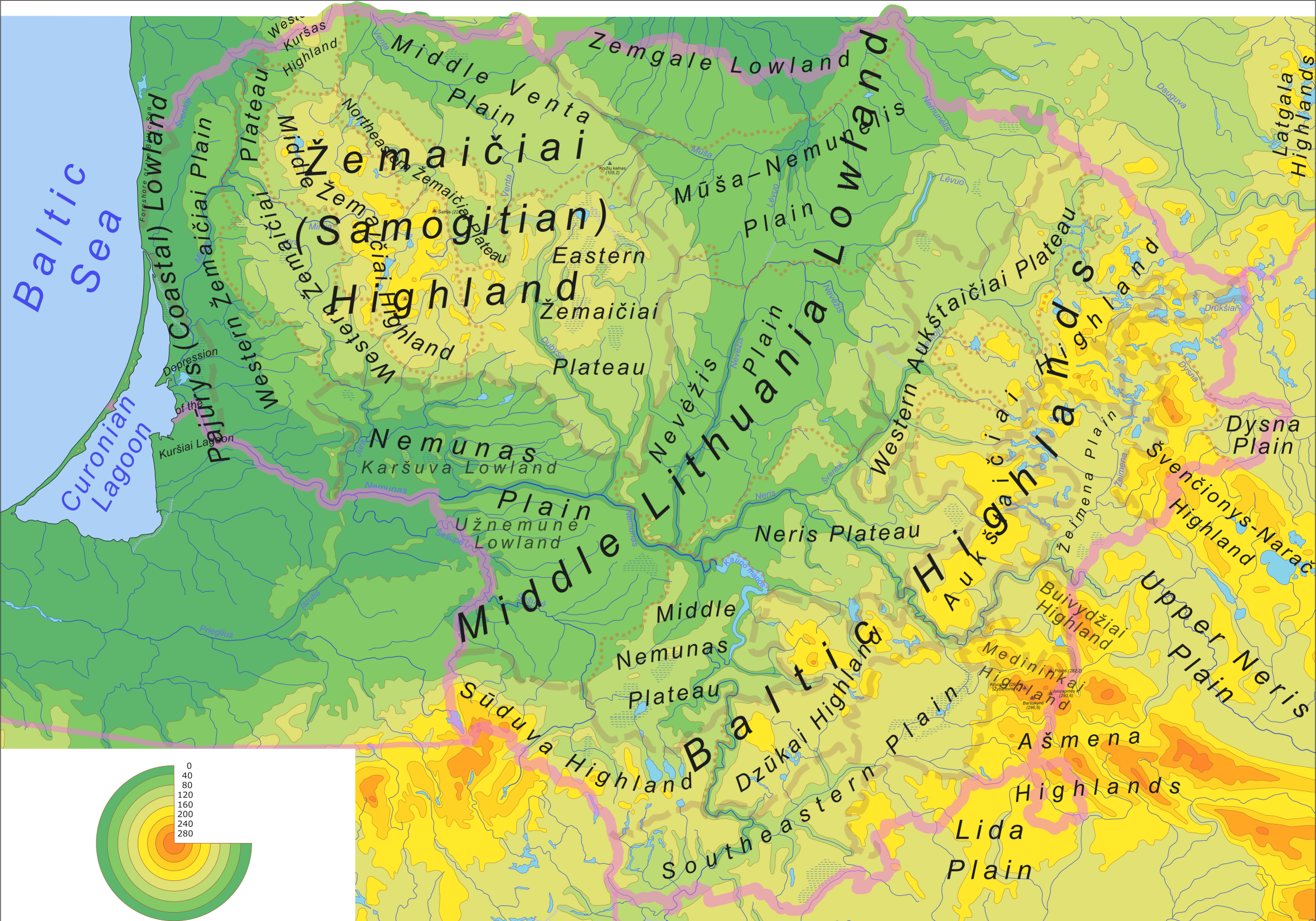 Physical map and geomorphological subdivision of Lithuania.