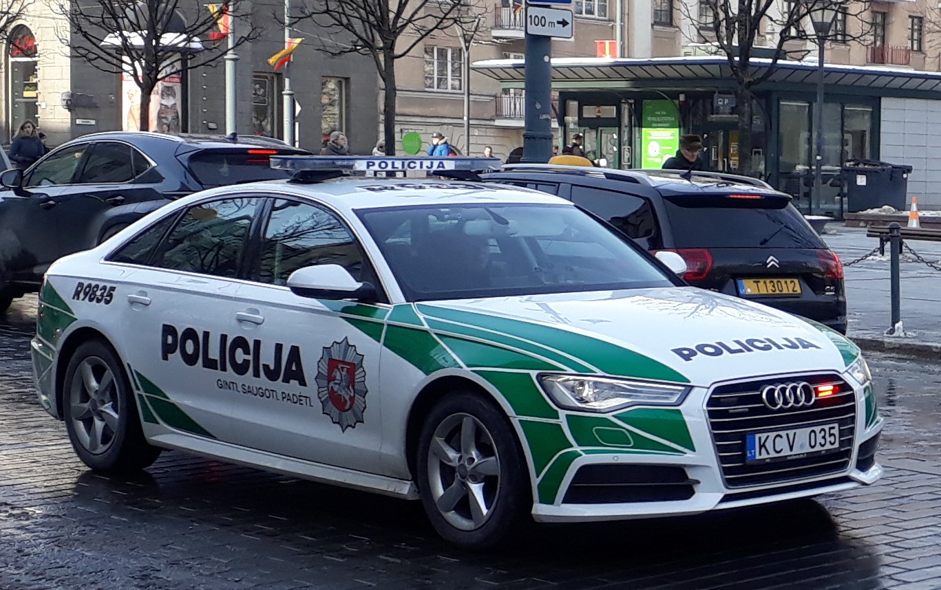 A Lithuanian police cruiser on Gediminas Avenue, Vilnius.