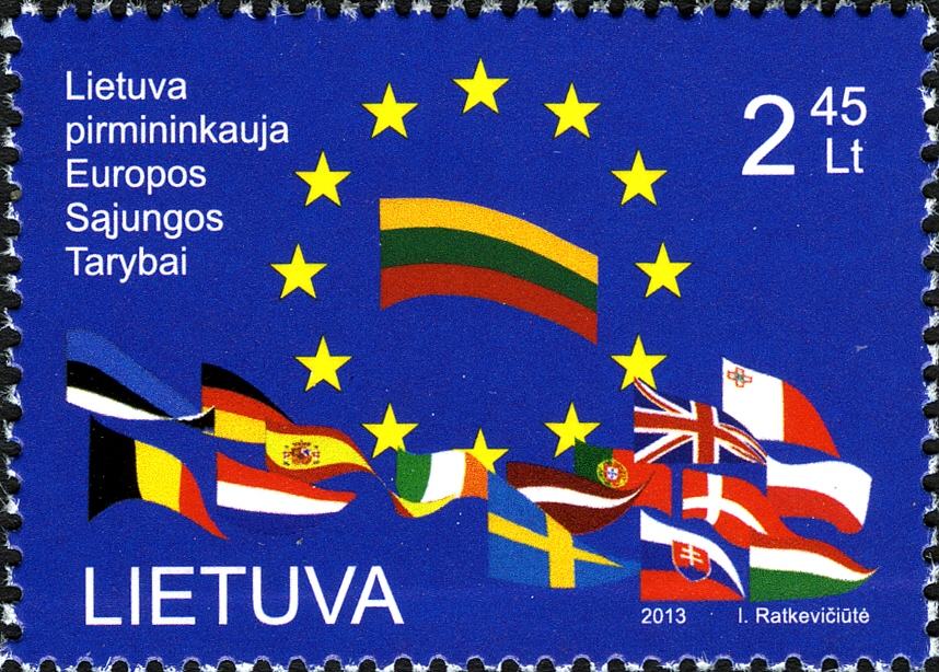 Stamp dedicated to Lithuania's presidency of the Council of the European Union in 2013, showcasing its active role in European affairs.
