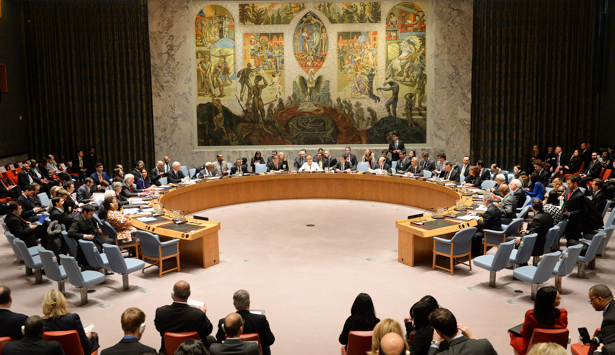 Lithuania was a non-permanent member of the United Nations Security Council for the 2014-2015 term. Its representatives are on the right side of this image.