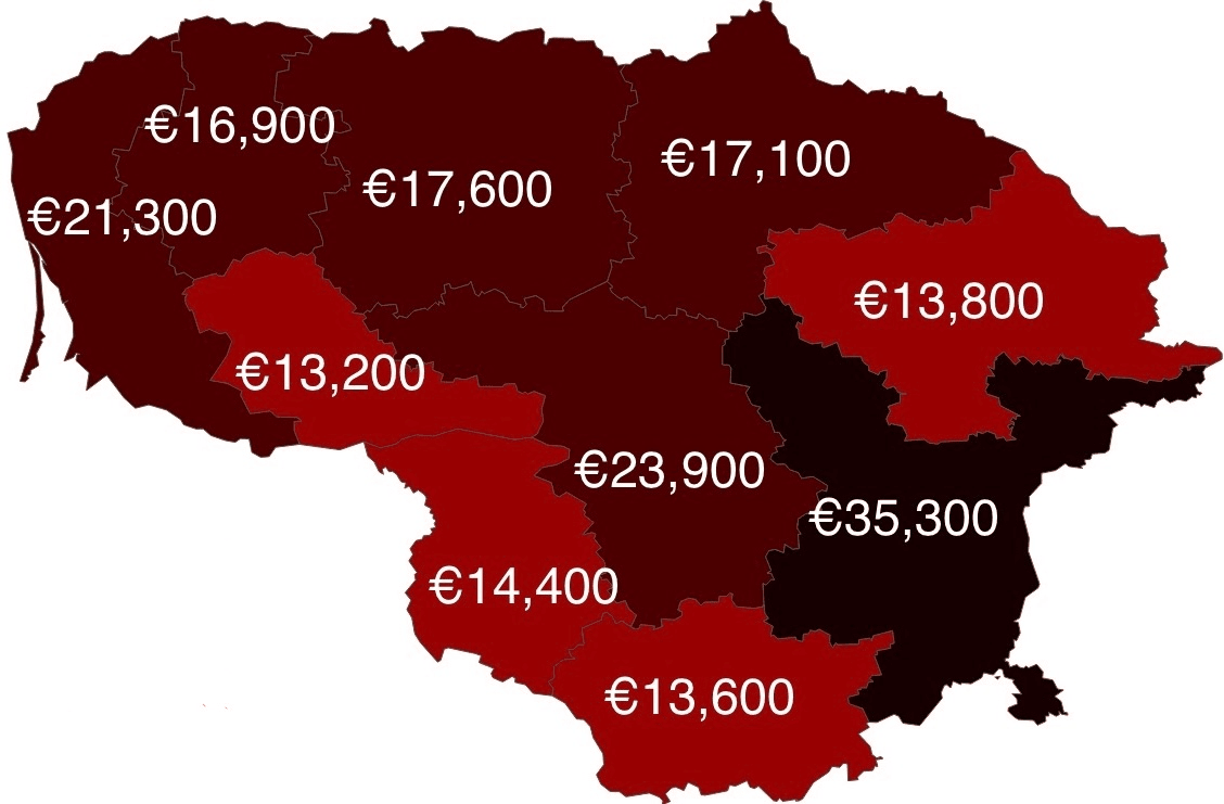 Lithuanian counties by GDP per capita in 2022, illustrating regional economic disparities.