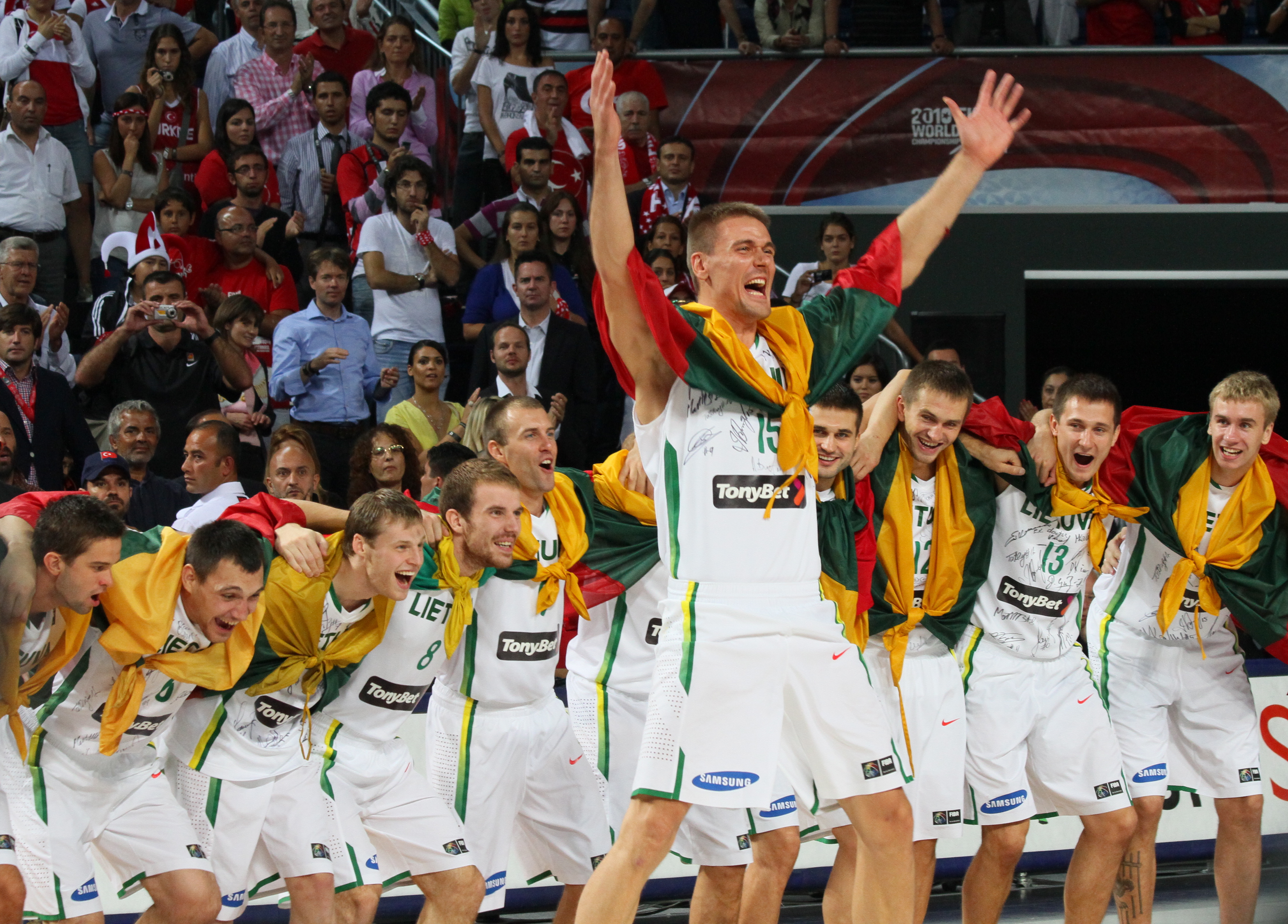 The Lithuania men's national basketball team celebrating their bronze medal at the 2010 FIBA World Championship. Basketball is widely considered Lithuania's national sport.