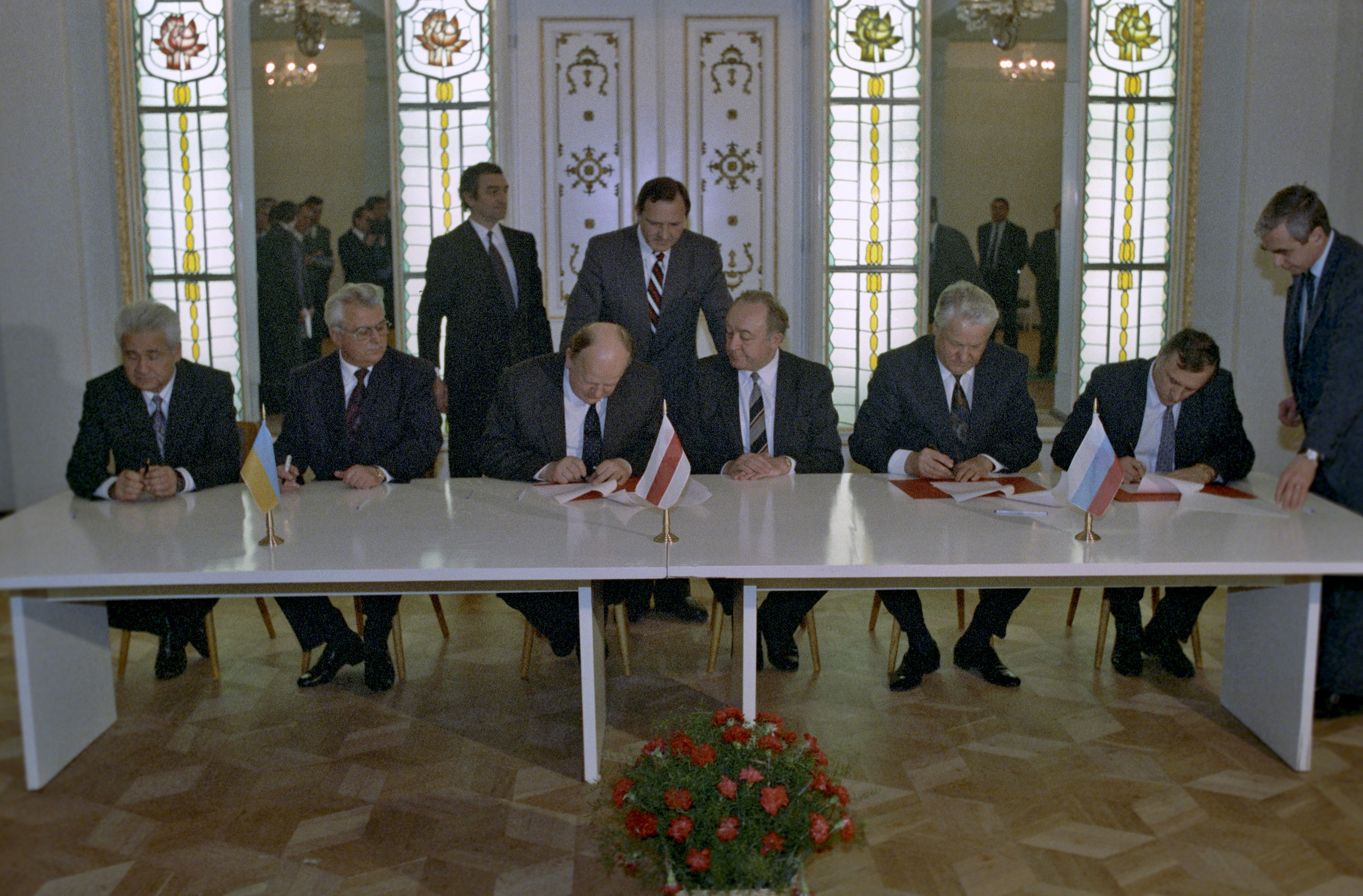 Leaders of Russia, Ukraine, and Belarus signed the Belavezha Accords, dissolving the Soviet Union, on December 8, 1991.