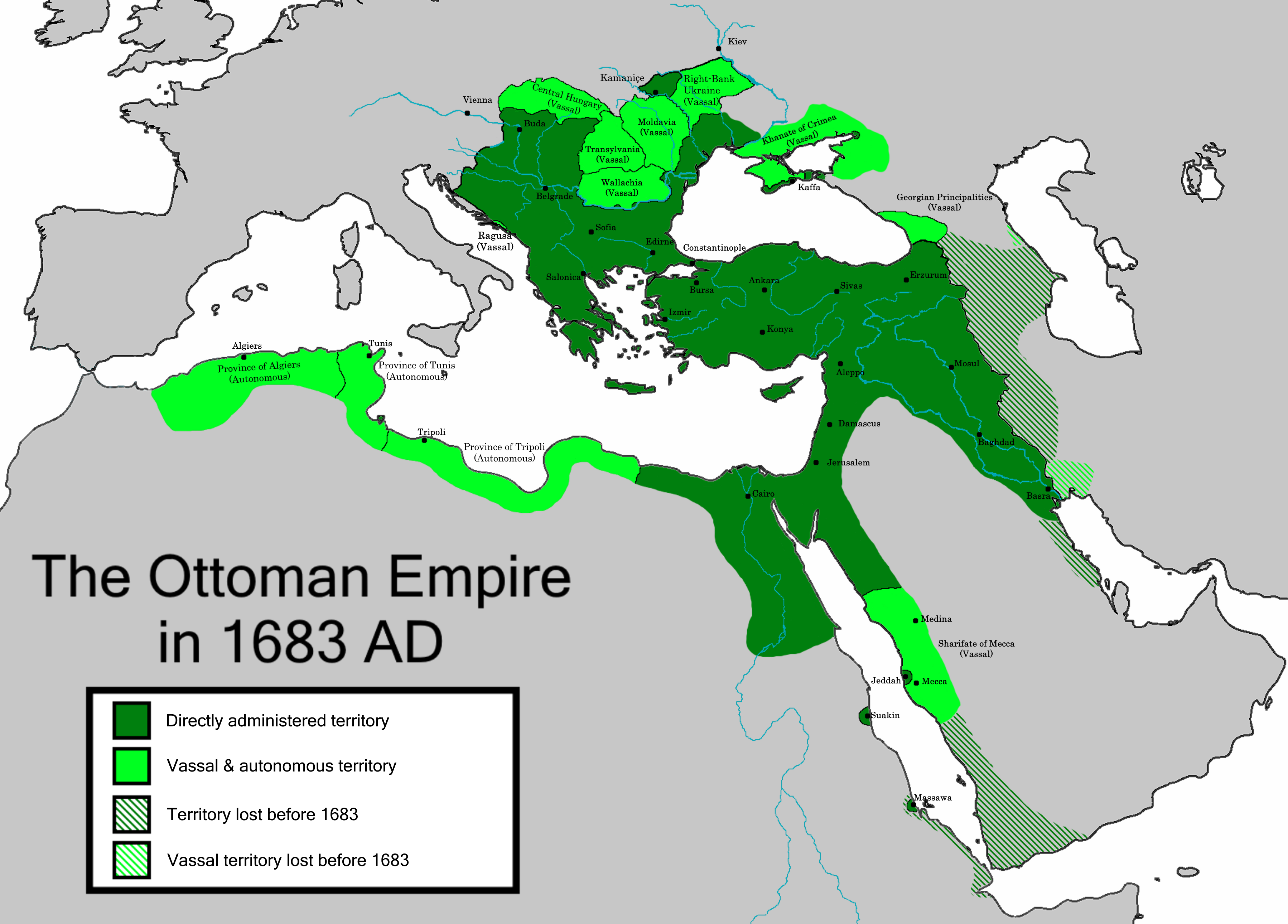 Đế quốc Ottoman ở thời kỳ châu Âu mở rộng nhất, vào năm 1683, trong Trận Vienna.