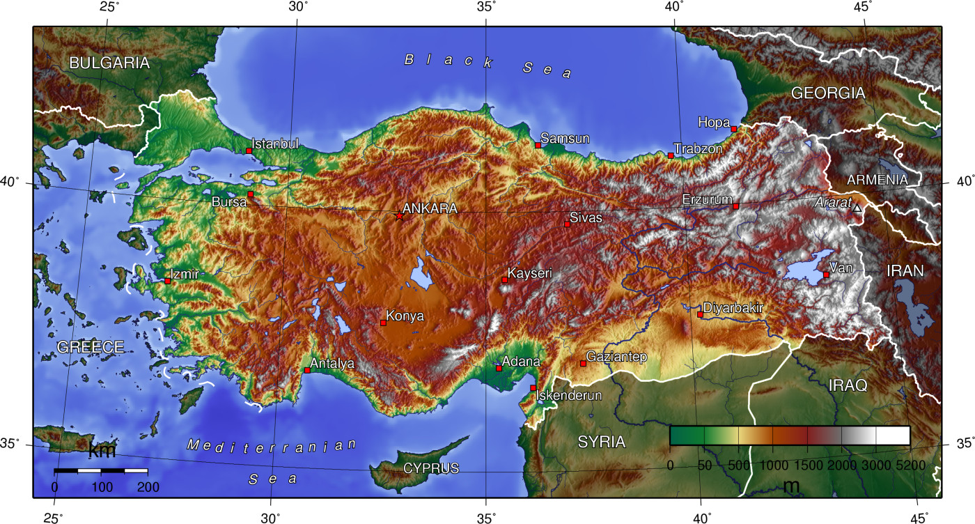 Peta topografi Turki.