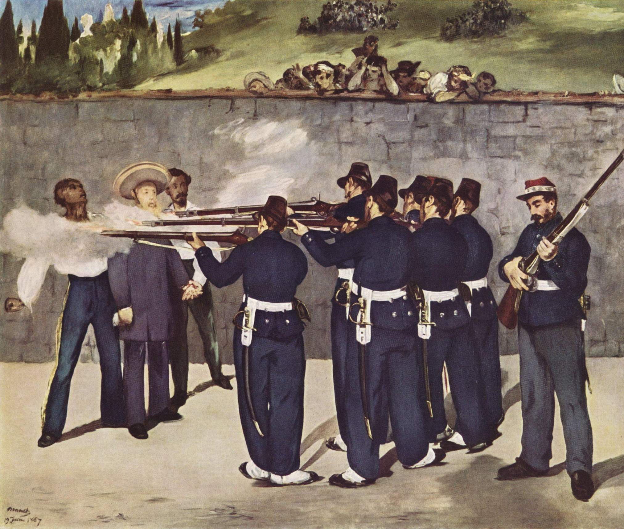 Vụ hành quyết Hoàng đế Maximilian, ngày 19 tháng 6 năm 1867. Tướng Tomás Mejía, trái; Maximilian, giữa; Tướng Miguel Miramón, phải. Tranh của Édouard Manet 1868