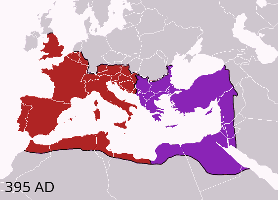 テオドシウス1世死後のローマ帝国領土(395年頃)。現代の国境線が重ねて表示されている。西ローマ帝国(濃赤色)、東ローマ帝国(ビザンツ帝国)(紫色)。
