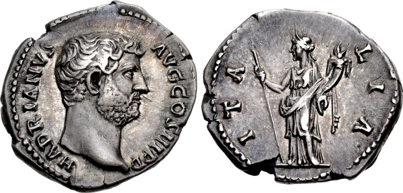 A denarius of Roman emperor Hadrian (c. 134-138 AD) with the inscription ITALIA and a personification of Italy holding a scepter and cornucopia.