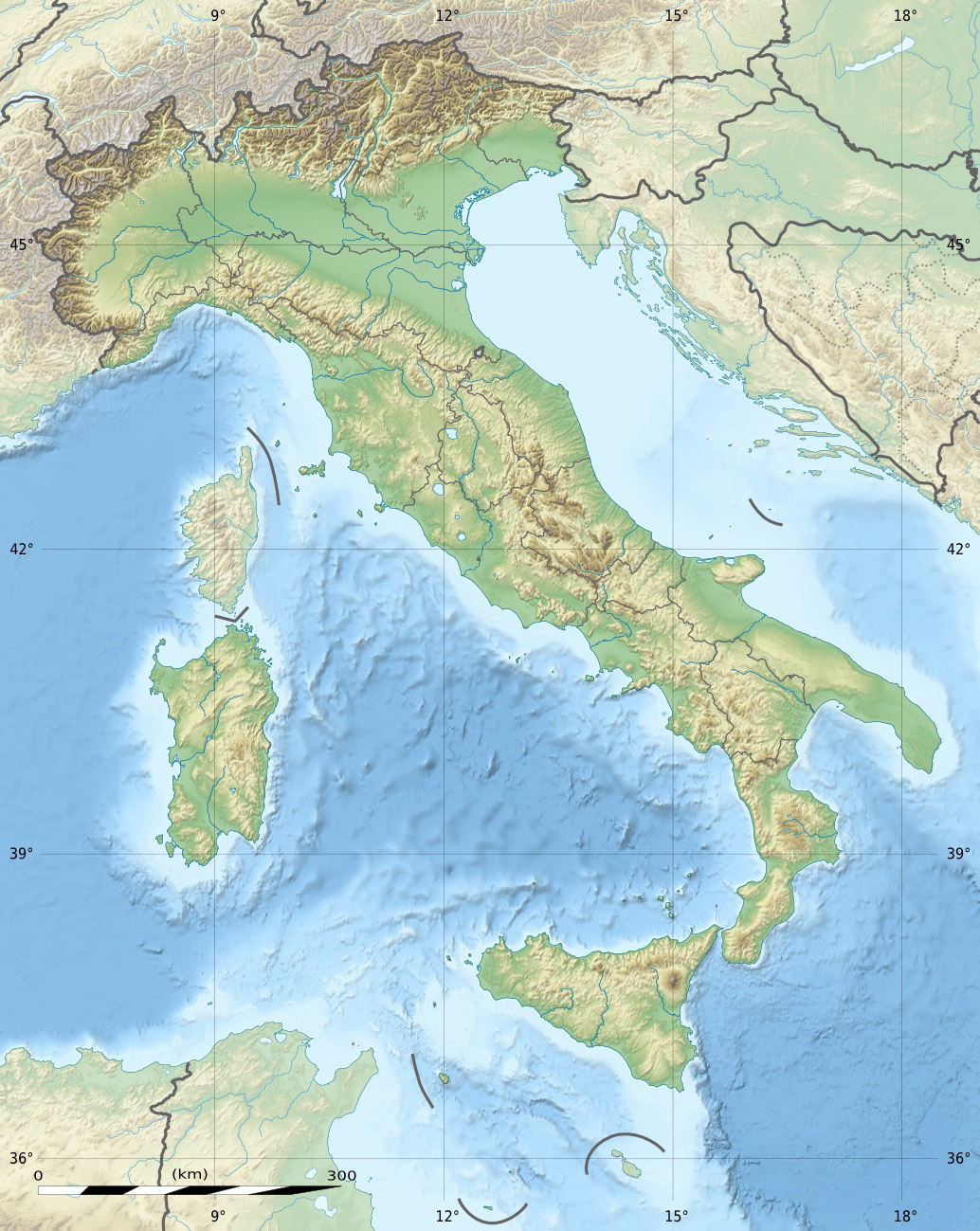 Topographic map of Italy, illustrating its diverse physical features, including the Alps in the north, the Apennine Mountains forming the peninsula's spine, and the major islands of Sicily and Sardinia.