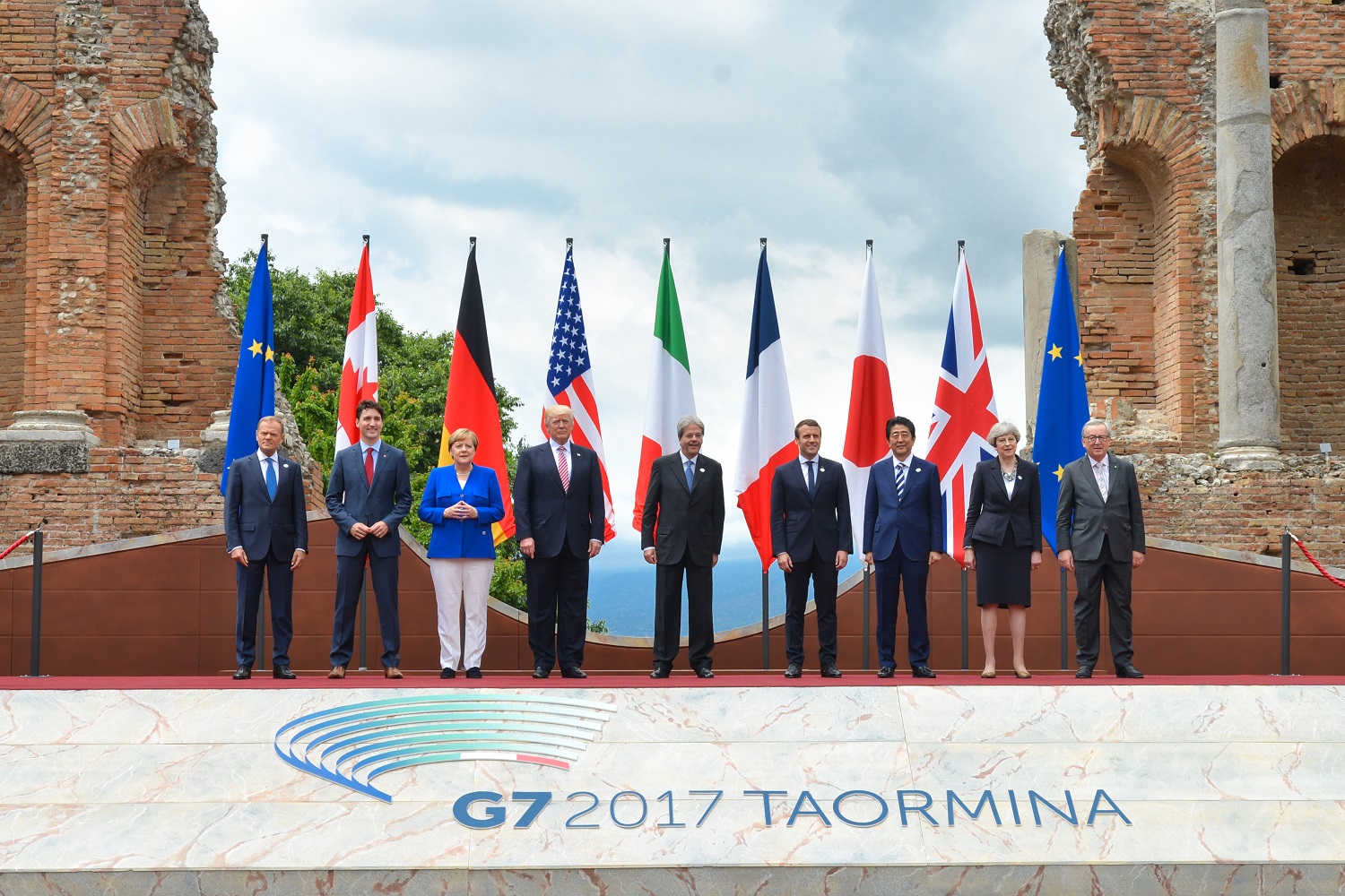 Group photo of the G7 leaders at the 43rd G7 summit in Taormina, Sicily, in 2017, showcasing Italy's role in major international forums.