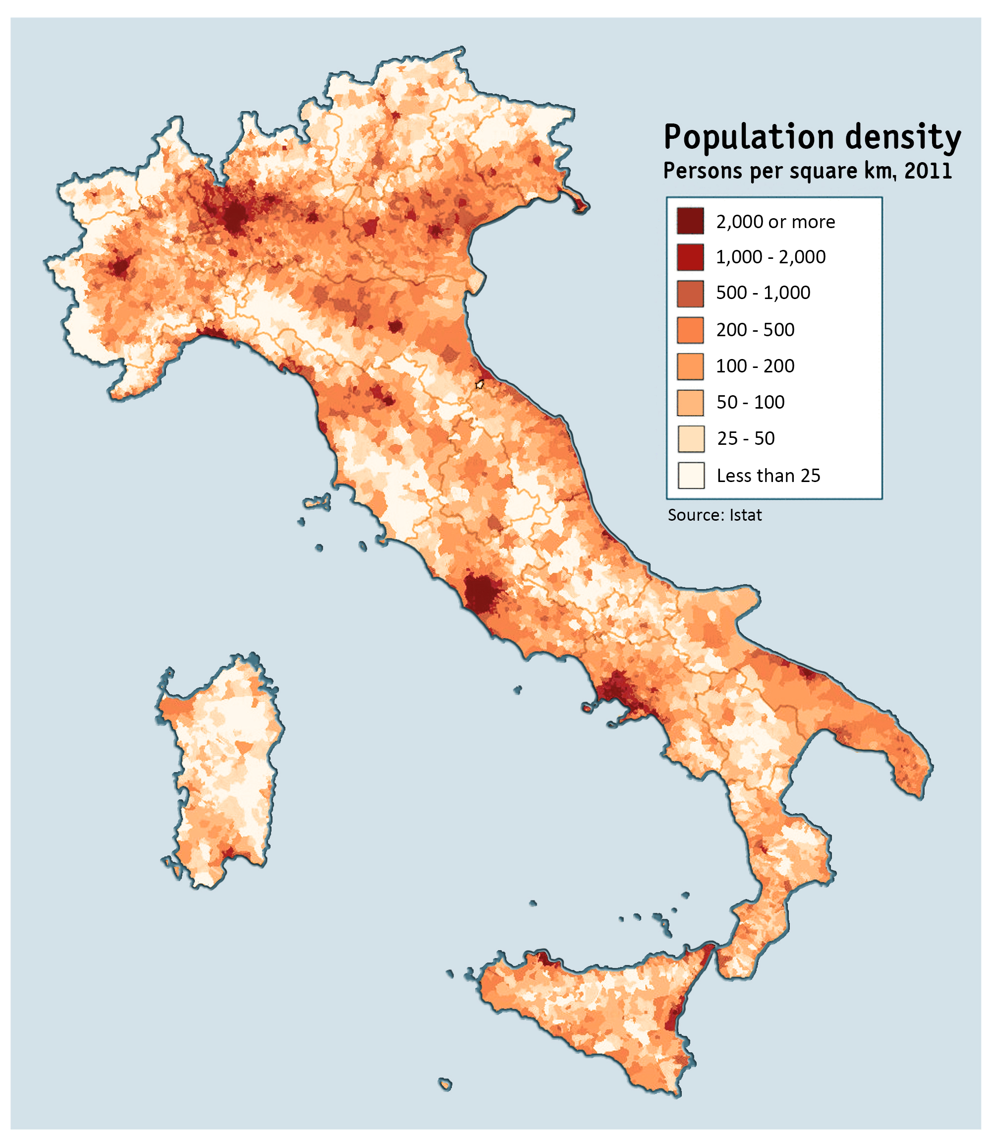 Map of Italy's population density at the 2011 census, showing higher concentrations in the Po Valley, and metropolitan areas of Rome and Naples, and sparser populations in mountainous regions and islands like Sardinia.