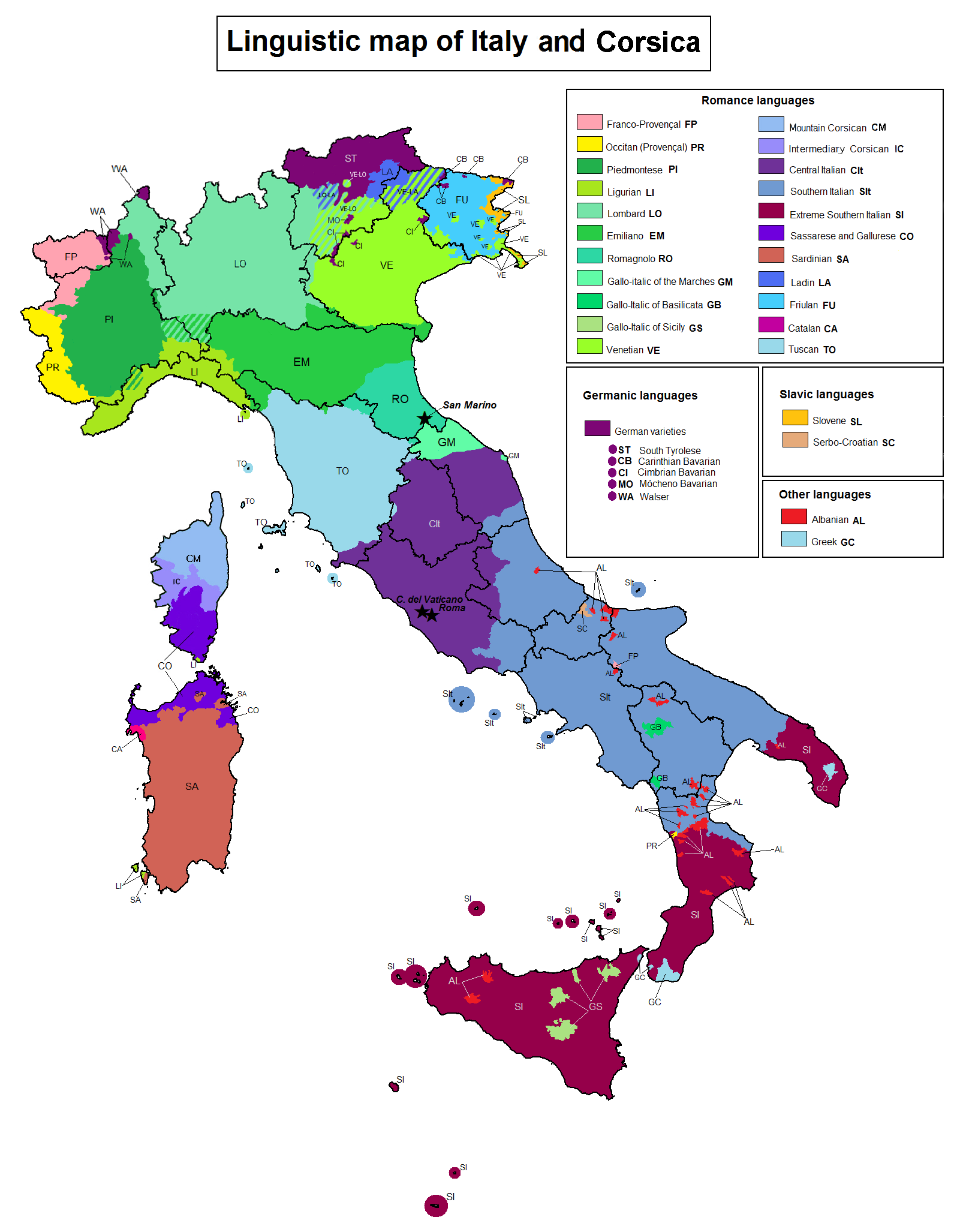 A linguistic map of Italy illustrating the distribution of the official Italian language and various recognized minority languages and regional dialects across the country.