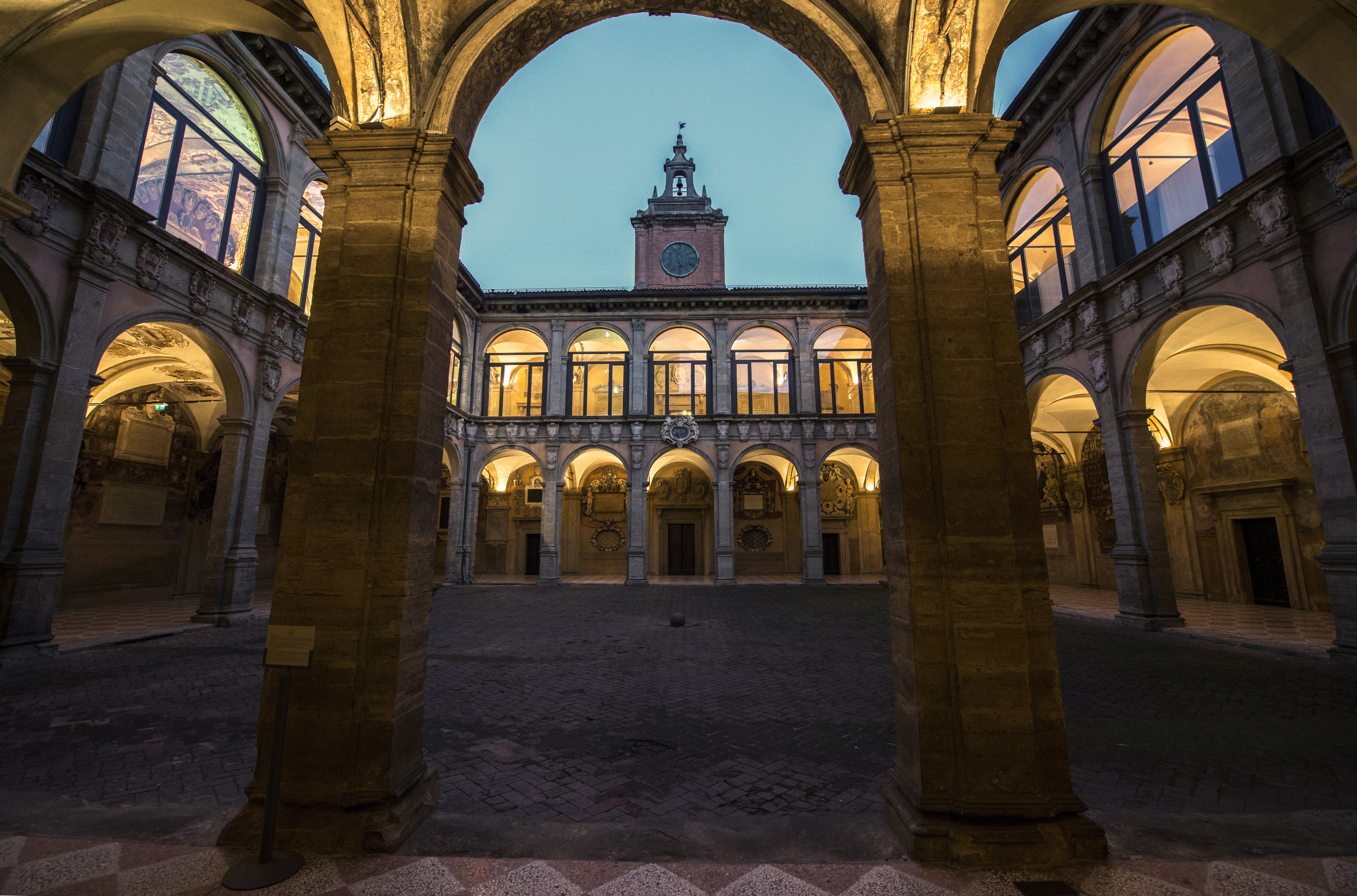The Archiginnasio of Bologna, the first permanent seat of the University of Bologna, which was established in 1088 AD and is the oldest university in continuous operation in the Western world.