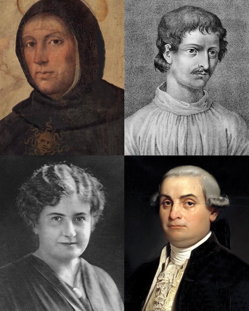 A collage of influential Italian thinkers (clockwise from top left): Aquinas, a towering figure of medieval scholastic theology; Bruno, a Renaissance philosopher and cosmologist; Beccaria, an Enlightenment criminologist and reformer; and Montessori, an innovative educator whose philosophy transformed early childhood education.