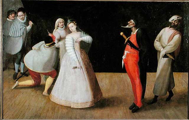 The Commedia dell'arte troupe I Gelosi performing in Paris, depicted by Hieronymus Francken I (c. 1590). Commedia dell'arte was a highly influential form of Italian improvisational theatre.