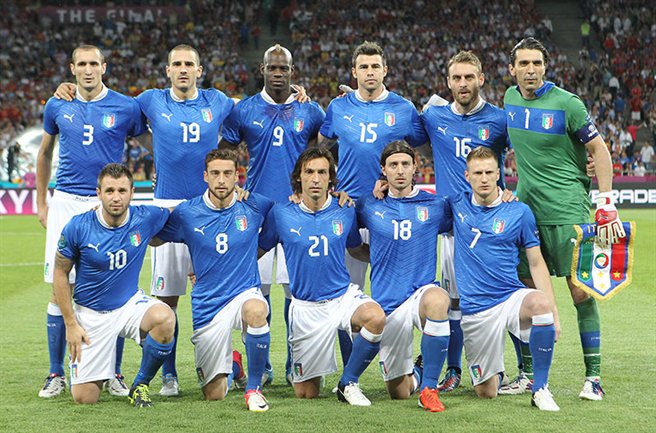 The Italian national football team (Azzurri) before a match in 2012. Football (soccer) is by far the most popular sport in Italy.