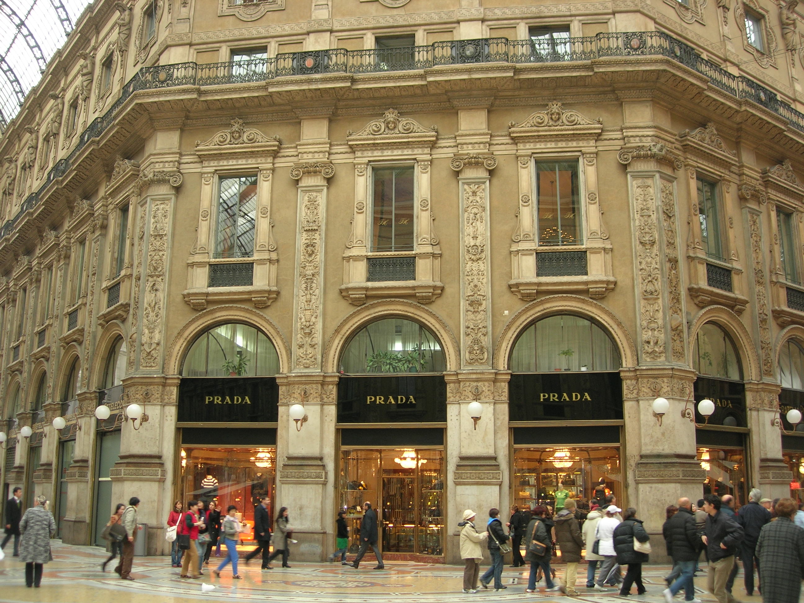 A Prada store in the Galleria Vittorio Emanuele II in Milan, a city renowned as a global fashion capital.