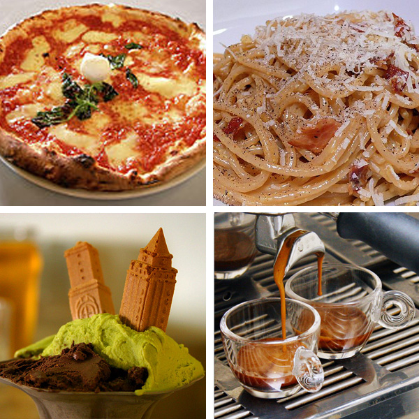 A selection of famous Italian foods: Pizza Margherita, Spaghetti alla Carbonara, Espresso, and Gelato.
