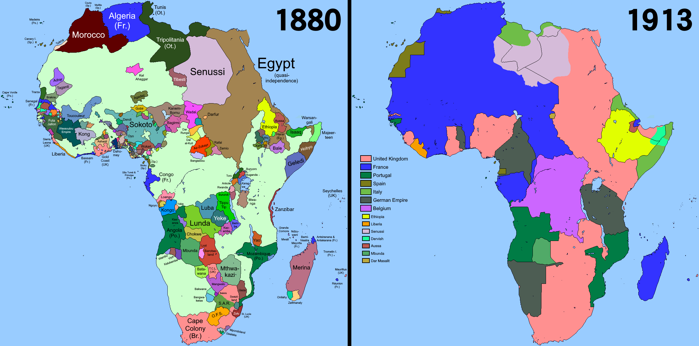 Comparison of Africa in the years 1880 and 1913, illustrating the Scramble for Africa.