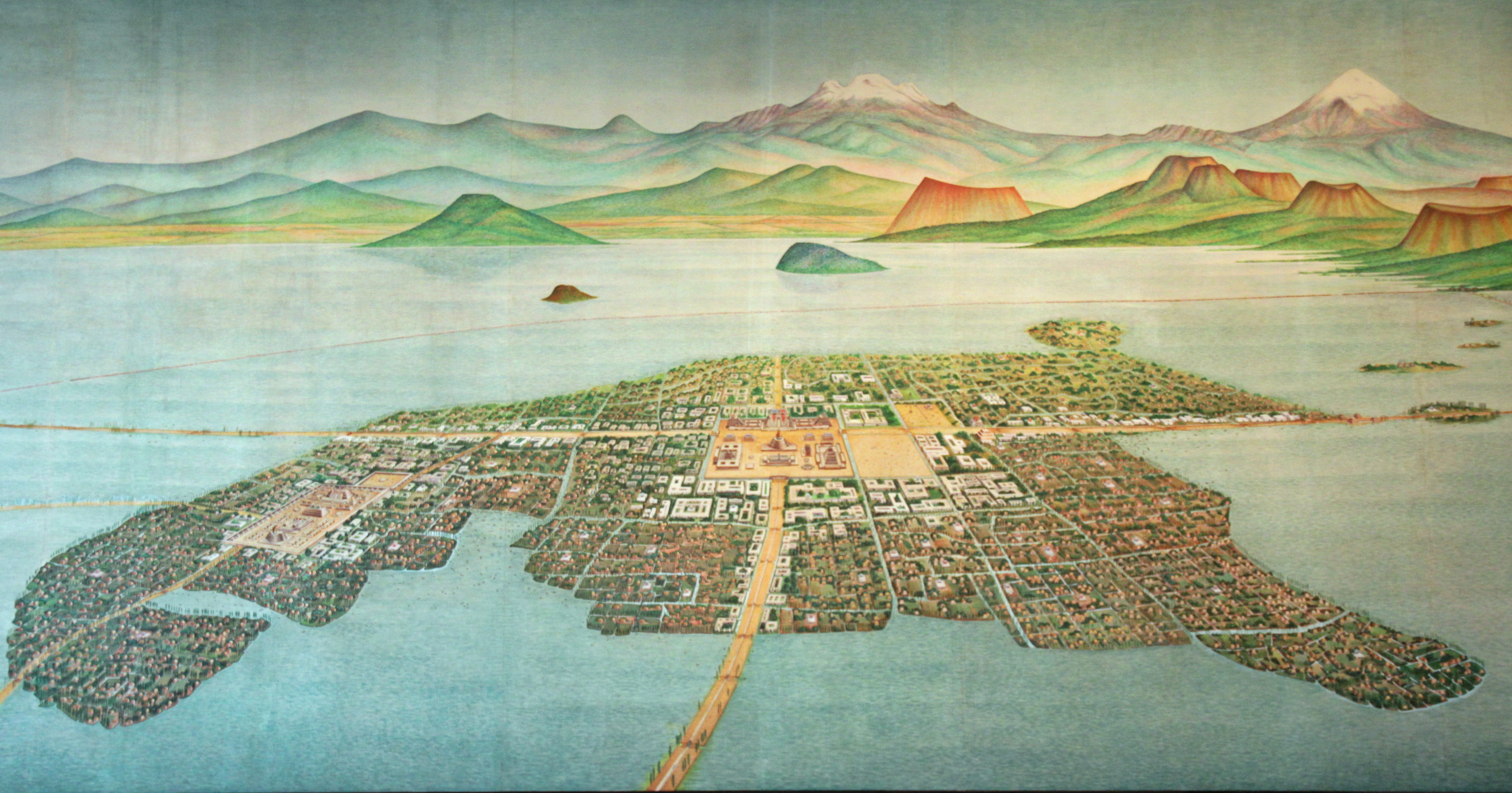 Gambaran artistik Mexico-Tenochtitlan, ibu kota Aztek dan bandar terbesar di benua Amerika pada masa itu. Bandar ini musnah sepenuhnya dalam pengepungan Tenochtitlan pada tahun 1521 dan dibina semula sebagai Bandar Raya Mexico.