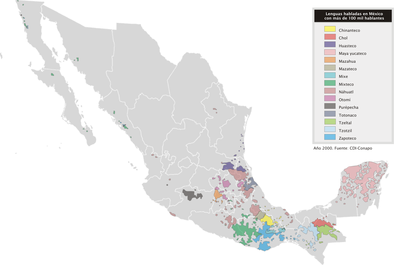 Bản đồ năm 2000 về các ngôn ngữ bản địa của México có hơn 100.000 người nói