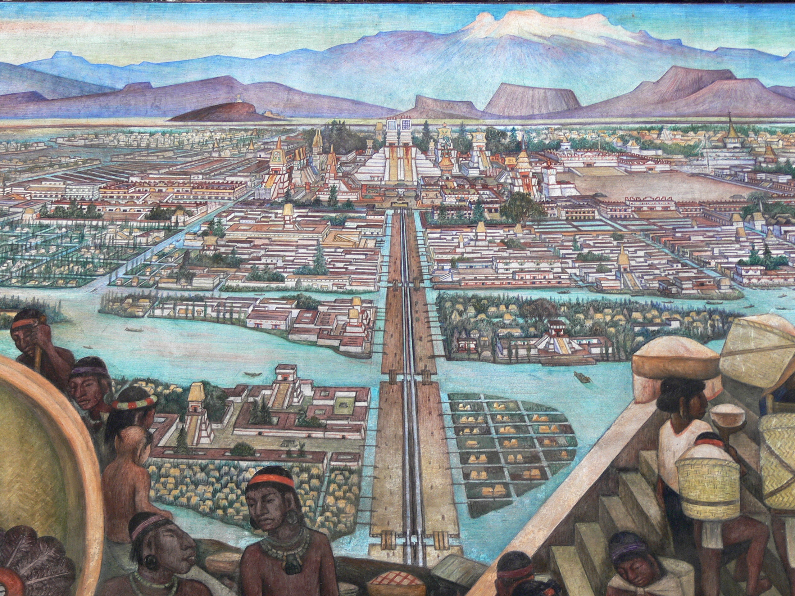 Bức tranh tường của Diego Rivera mô tả thành phố Tenochtitlán của người Aztec thời tiền Colombo. Tại Palacio Nacional ở Thành phố México.