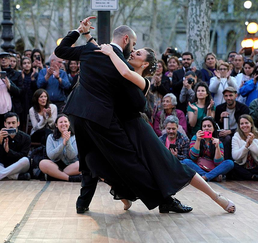 Tango dancers in Montevideo, showcasing a shared cultural heritage with Argentina.