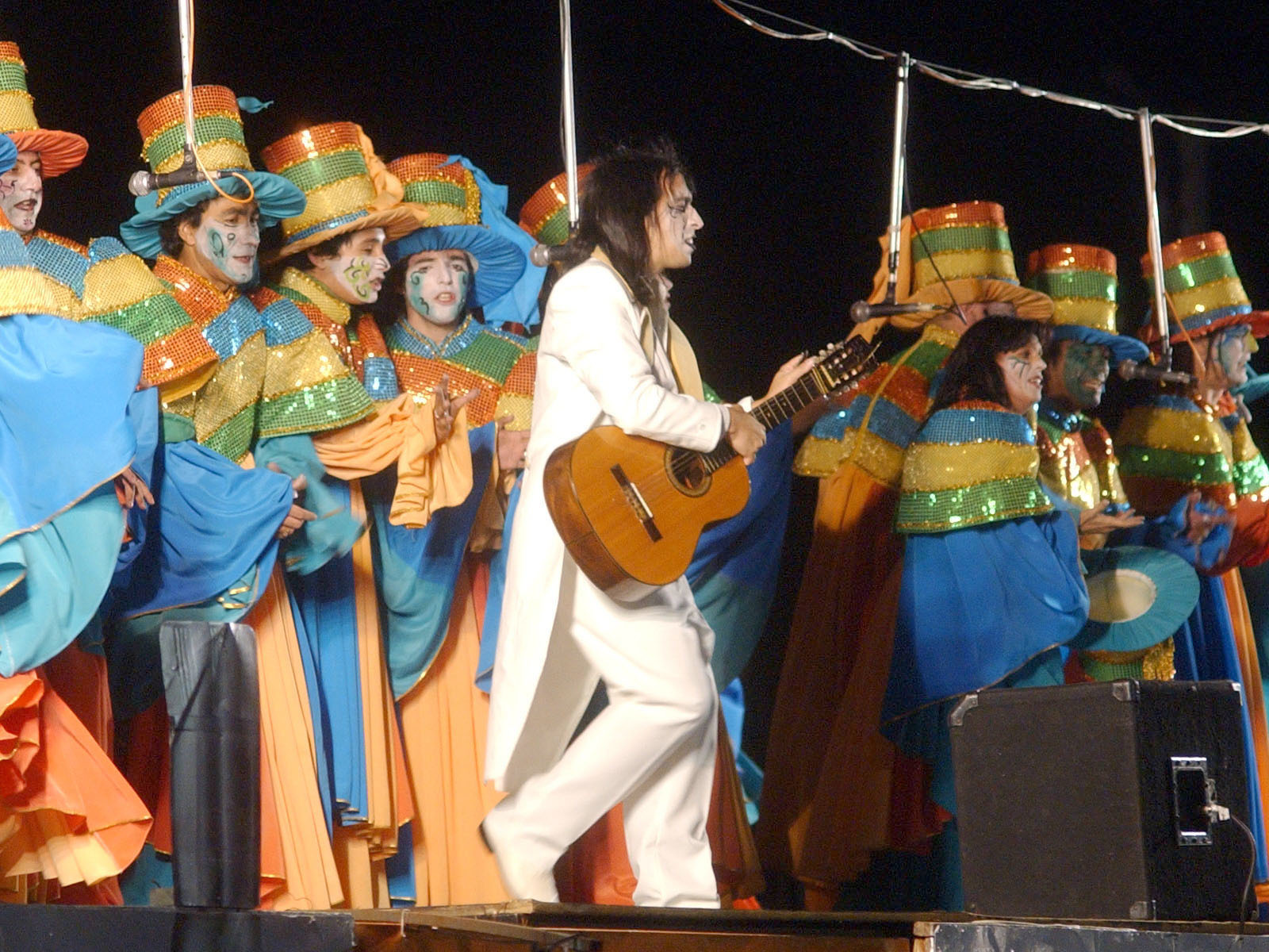 A Murga group performing during Carnival in Uruguay. Murga is a unique form of popular musical theatre.