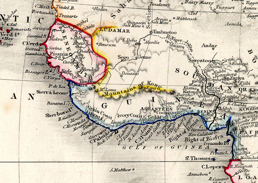 1850年の地図。西アフリカのギニア地域とその周辺地域におけるアカン人のアシャンティ王国を示す。