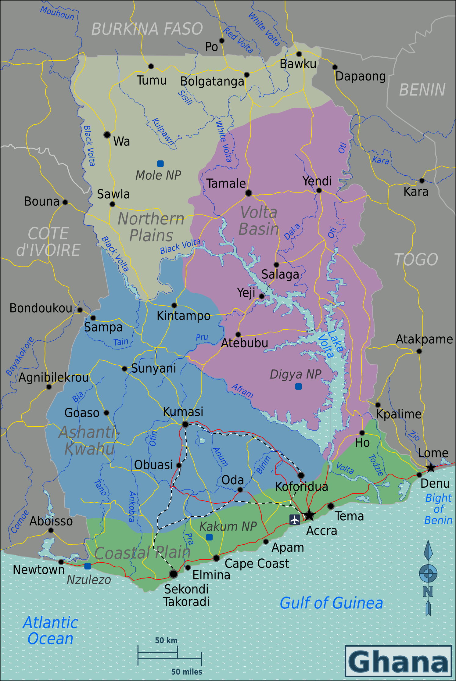 Peta dengan perbatasan nasional, region geografis dan dataran terestrial diberi kode warna