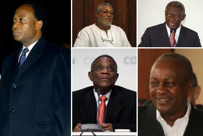  Presiden Pertama Republik Ghana Nkrumah dan presiden pertama, kedua, ketiga, dan keempat Republik Keempat Ghana Rawlings; Kufuor; Mills dan Mahama.