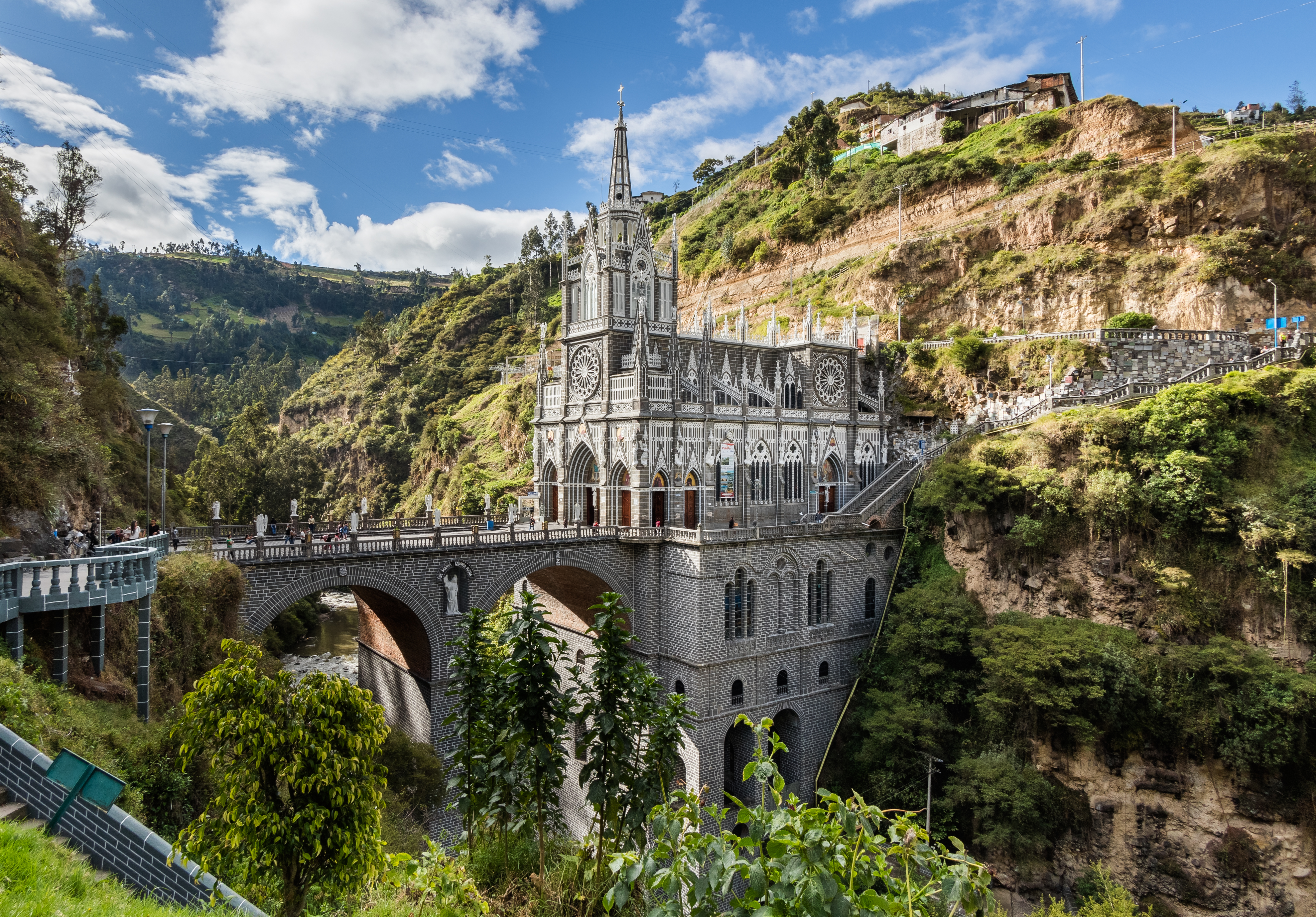 The Las Lajas Sanctuary in Nariño Department, a prominent Roman Catholic pilgrimage site. While Catholicism remains dominant, Colombia's constitution guarantees religious freedom, reflecting a growing religious pluralism that necessitates interfaith understanding and respect for diverse beliefs to ensure social equity.